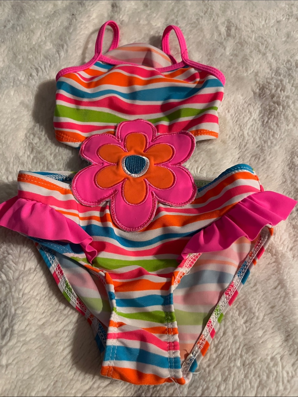 Girls Two-Piece Stripe Swim Set with Pink Flower